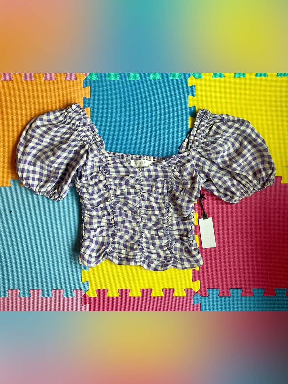 🧺Astr‎ Purple and White Gingham Ruched Puff-Sleeve Crop Top Small Cottagecore